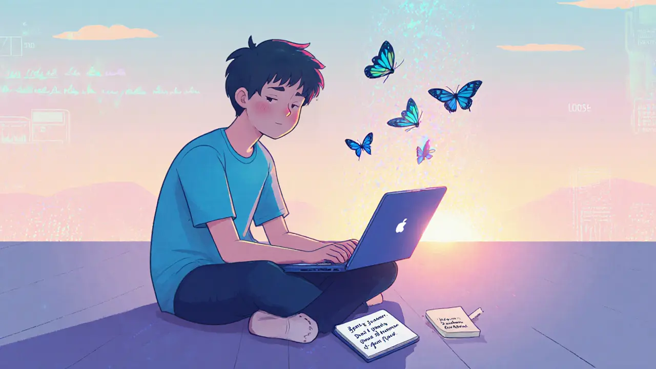 Игрок утром закрывает ноутбук, смотрит на запись прогресса, солнечный свет и бабочки вокруг.
