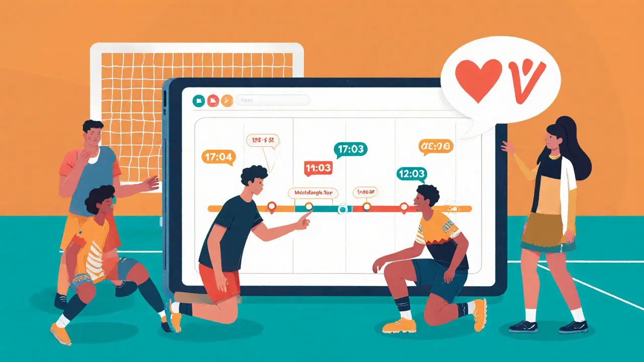 Команда и тренер анализируют матч на планшете, выделяя удачные и неудачные моменты.