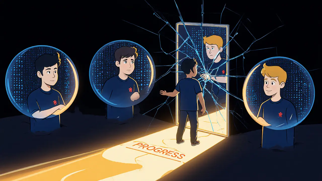 Команда киберспортсменов, изолированных в своих цифровых пузырях, с золотым путём прогресса в центре.