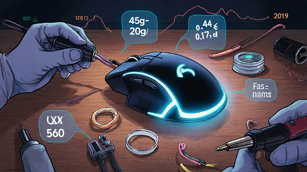 Руками меняют кабель мыши на паракорд с инструментами и техническими данными вокруг.