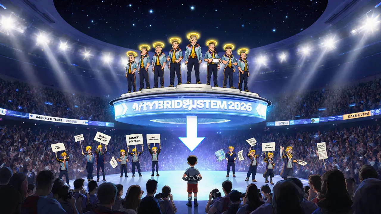 Гибридная система киберспорта: топ-команды на пьедестале, а новые команды у основания, соединённые мостом возможностей.