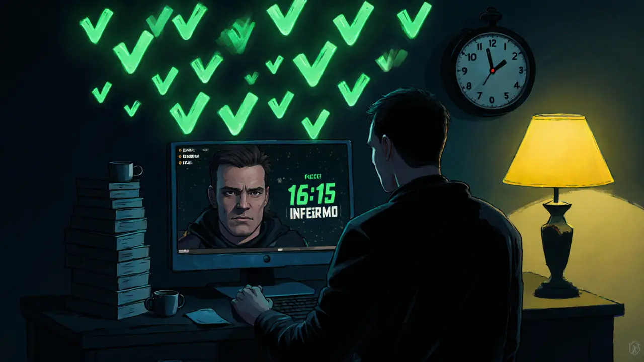 Халзерк смотрит на экран Faceit с 136 победами, в комнате темно, только экран светится зеленым.