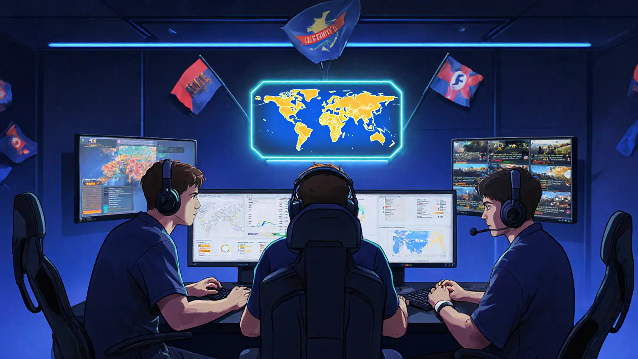 Команда Team Vitality анализирует матч на карте Nuke, вокруг них висят 24 флага побед.