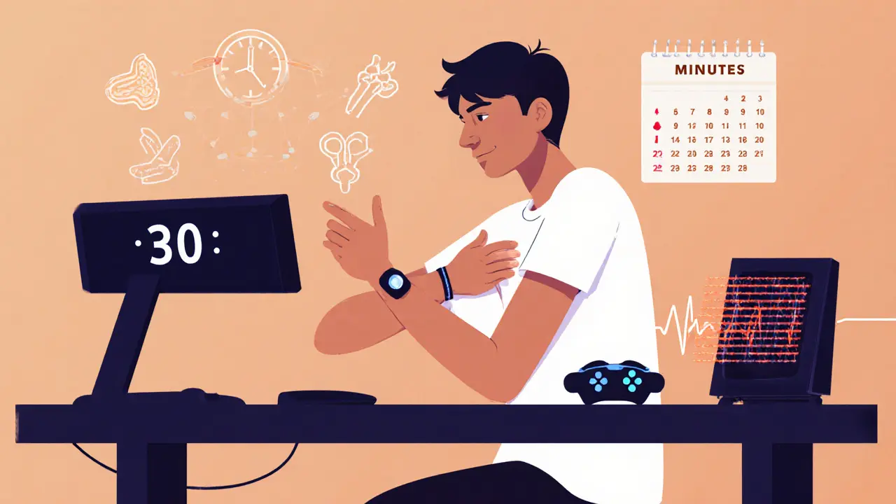 Игрок делает перерыв: крутит кистью и растягивает пальцы, рядом — таймер и умная подставка с вибрацией.