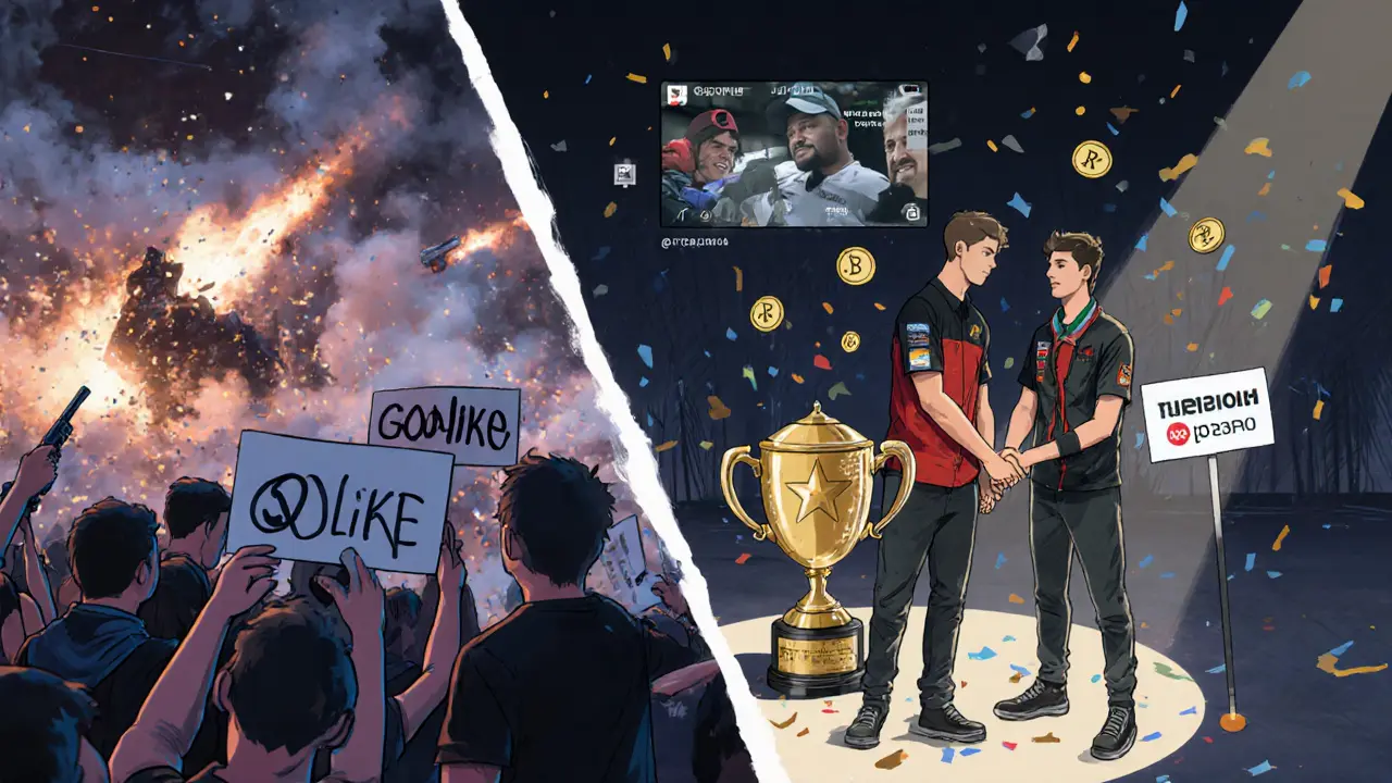 Команды Godlike и MetaForce играют в финале Wild Card, игроки пожимают руки после матча, за спиной — фанаты с плакатами.