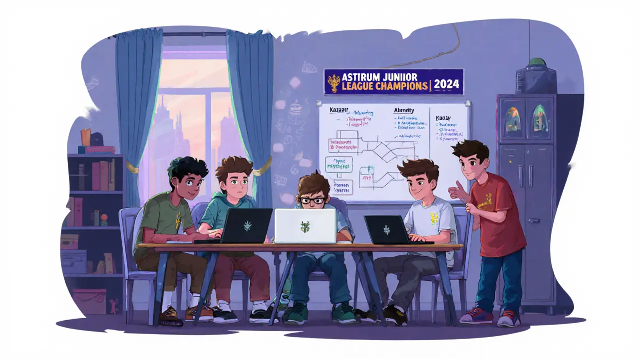 Пять друзей из разных городов СНГ играют в Warface в маленькой комнате, анализируют тактику на доске, свет вечернего солнца.