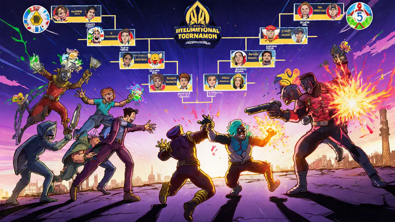 Двухступенчатая турнирная сетка с командами из разных регионов, сражающимися на картах Valorant под ярким светом.