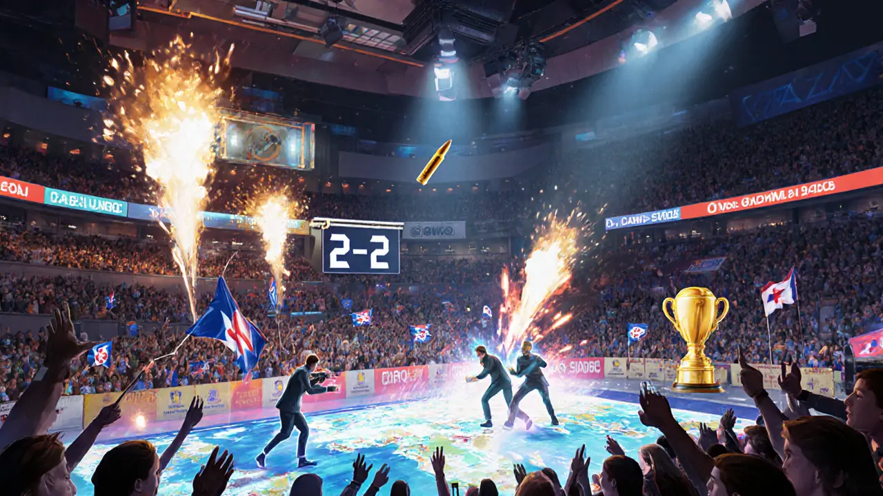 Финал Best-of-5 в полном зале, с командами в бою, фанатами и взрывами света над трибунами.