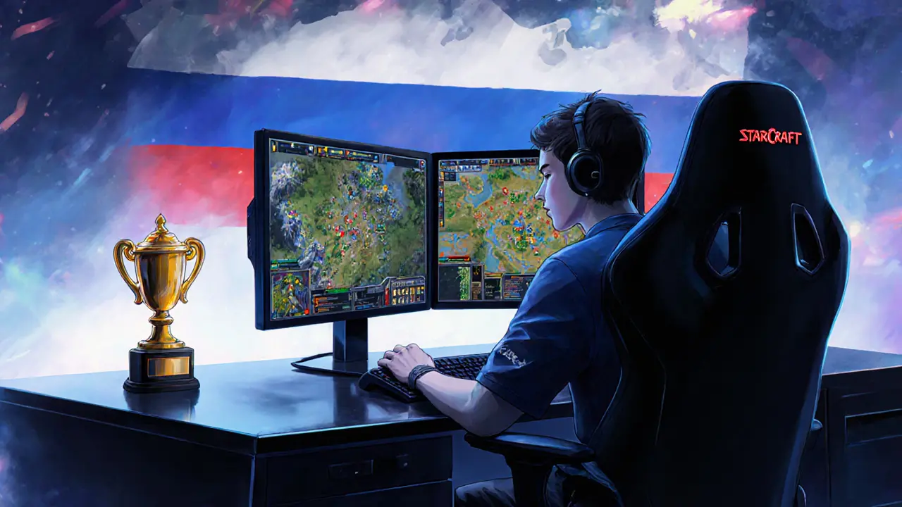 Игрок сосредоточен на StarCraft II во время личного финала, перед ним — карта и трофей.