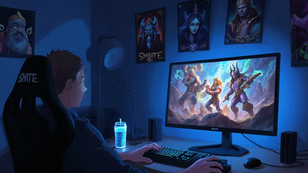 Игрок в комнате смотрит на экран Smite, на стенах — постеры богов, в руке — энергетик.