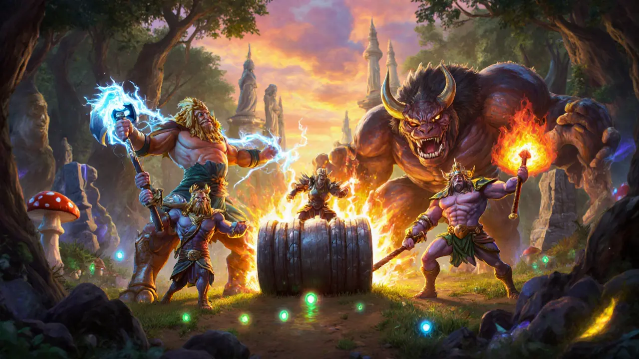 Команда богов сражается с осадным монстром, разрушающим башни, в древнем лесу с магическими рунами.