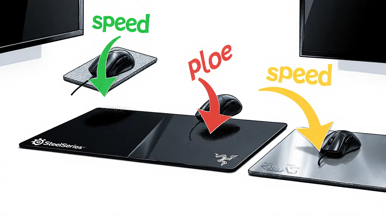 Сравнение трех типов ковриков: тканевый, пластиковый и металлический, с визуальными индикаторами скорости и контроля.