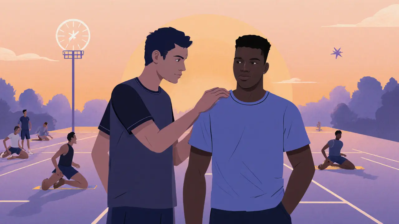 Тренер кладет руку на плечо уставшего игрока, остальные мягко растягиваются на фоне заката.