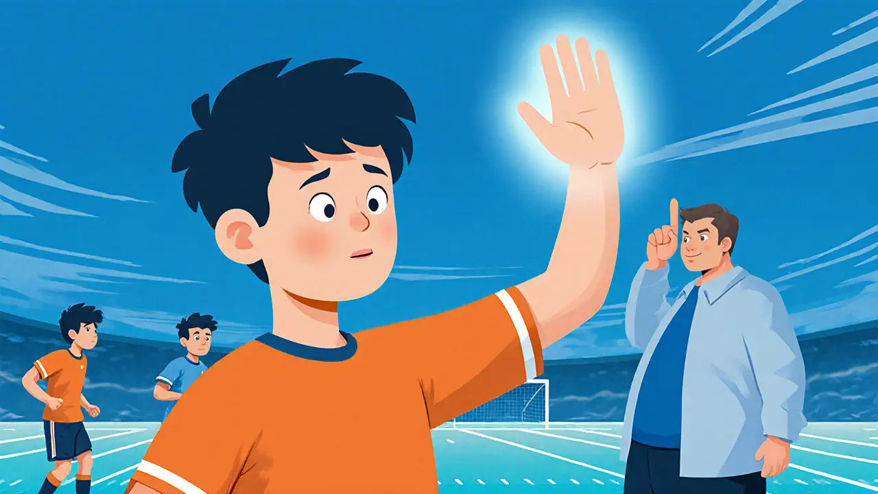 Юный игрок поднимает руку, чтобы попросить паузу, тренер отвечает кивком, команда смотрит в их сторону.