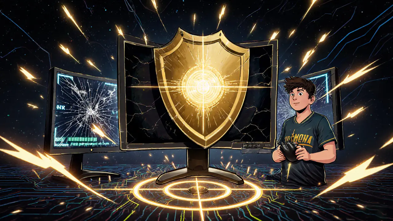 1080p-монитор как щит победы, 4K-мониторы разрушаются, киберспортсмен в бою.