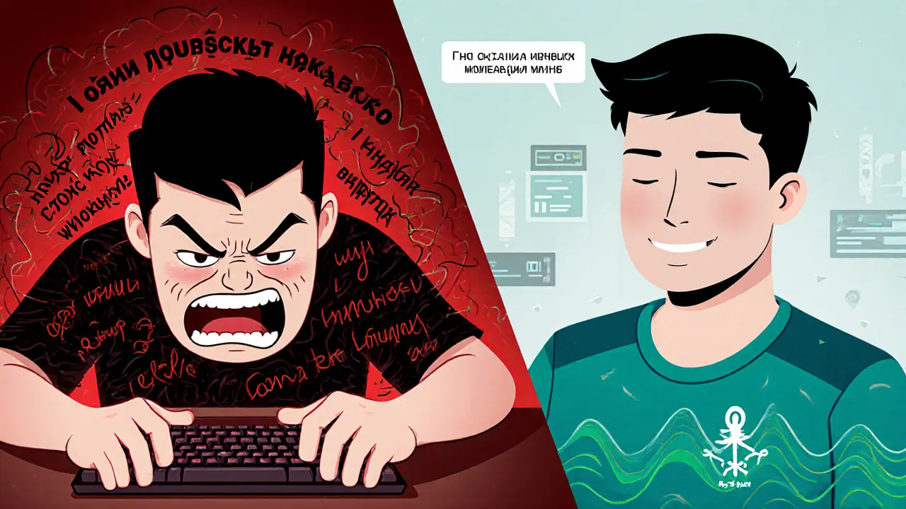 Два состояния игрока: один злится, другой — спокоен, с визуализацией мыслей и дыхания.