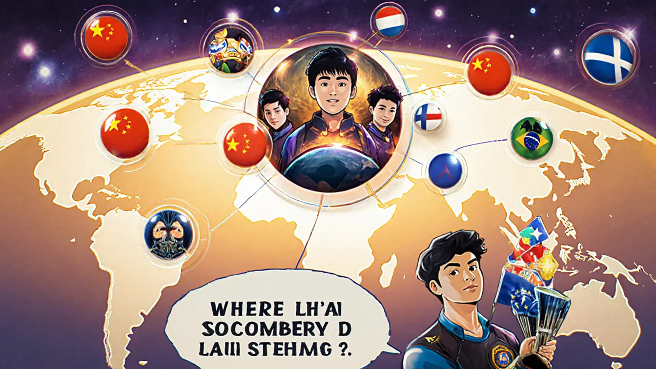 Глобальная карта с командами, в центре — Kai&#039;Sa, Faker с шестью трофеями, Европа на фоне уменьшается.