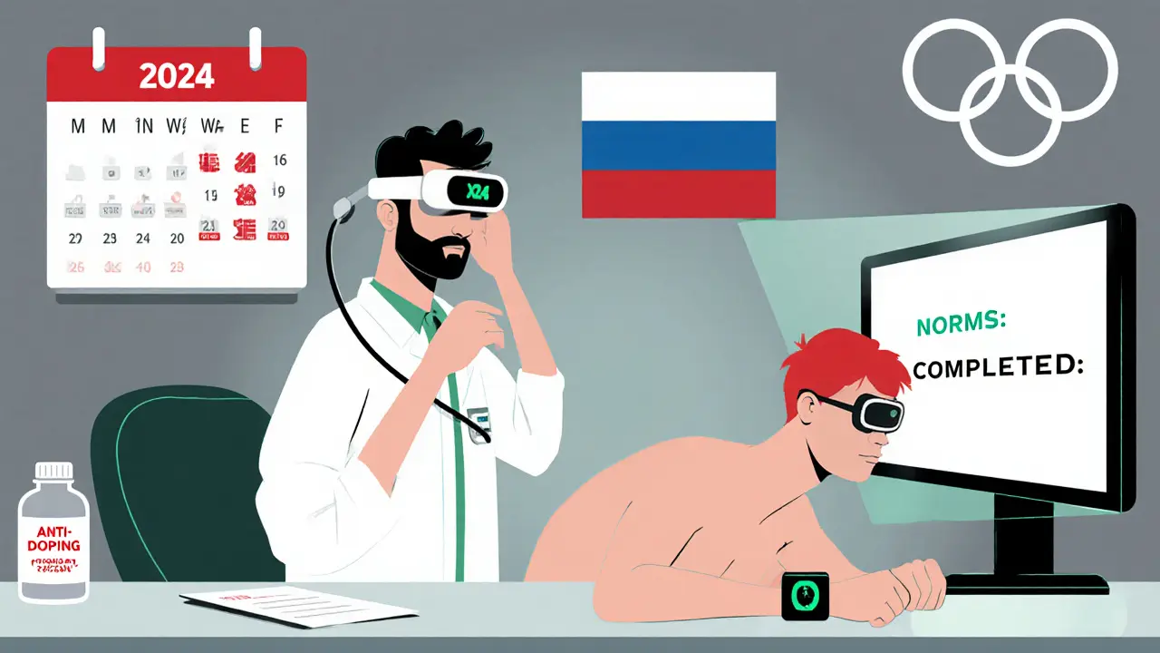 Киберспортсмен проходит медицинский осмотр с тестами на концентрацию и физподготовку, в России, 2024 год.