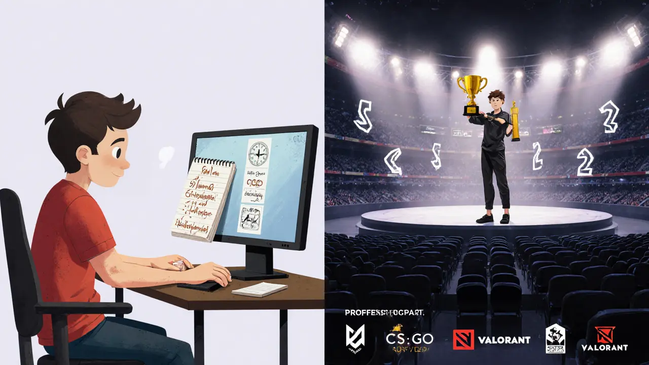 Юноша тренируется на старом ПК, затем становится чемпионом на сцене — путь от начинающего к профессионалу.