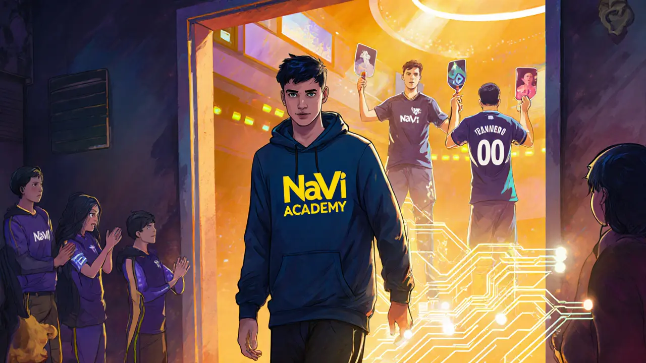 Юный игрок переходит из академии в основную команду, получая поддержку профессионалов на сцене.