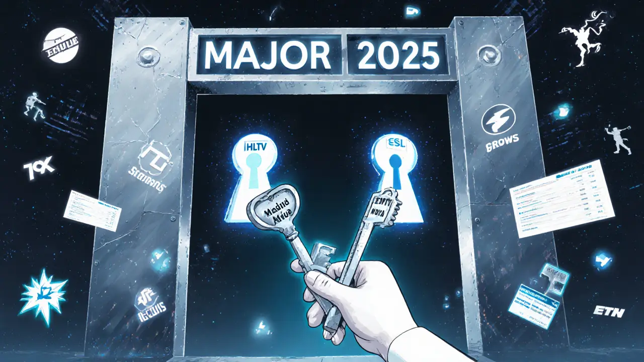 Игрок держит два ключа — HLTV и ESL — пытаясь открыть ворота Major 2025, вокруг — цифровые рейтинги и турниры.