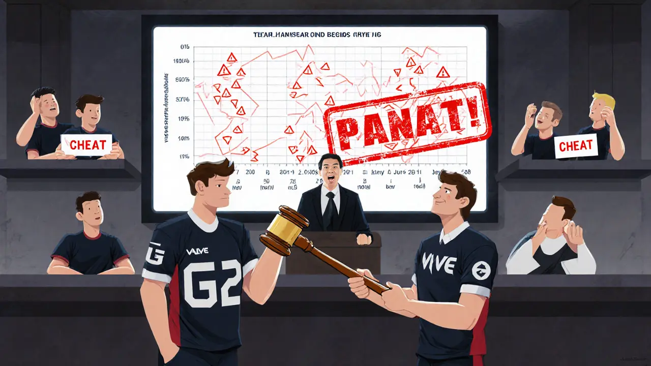 Команды G2 и iG получают штраф за манипуляцию посевом, судья вручает штраф, за спиной — искажённая сетка.