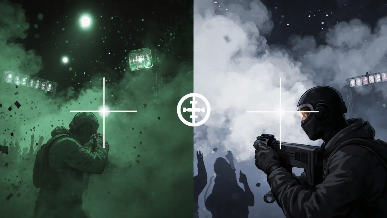 Сравнение динамического и статического прицела в дыму: левая сторона — неудача, правая — точность.