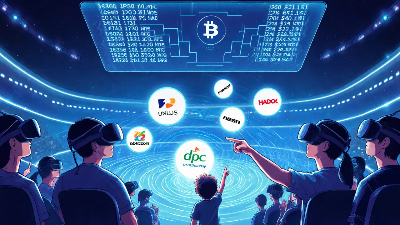 Зрители в VR-шлемах бросают виртуальные шары с именами команд в блокчейн-сетку, светящуюся голубым светом.