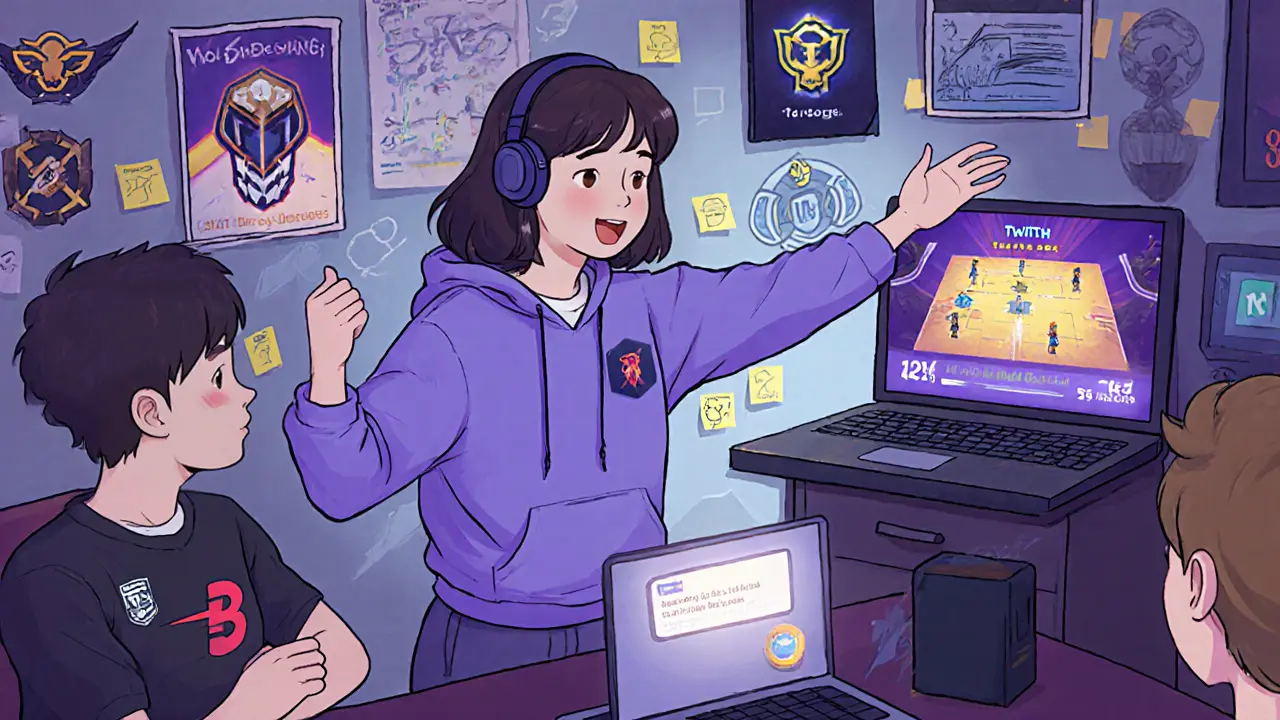 Девушка объясняет стратегию игры друзьям в комнате, украшенной фан-артами и заметками.