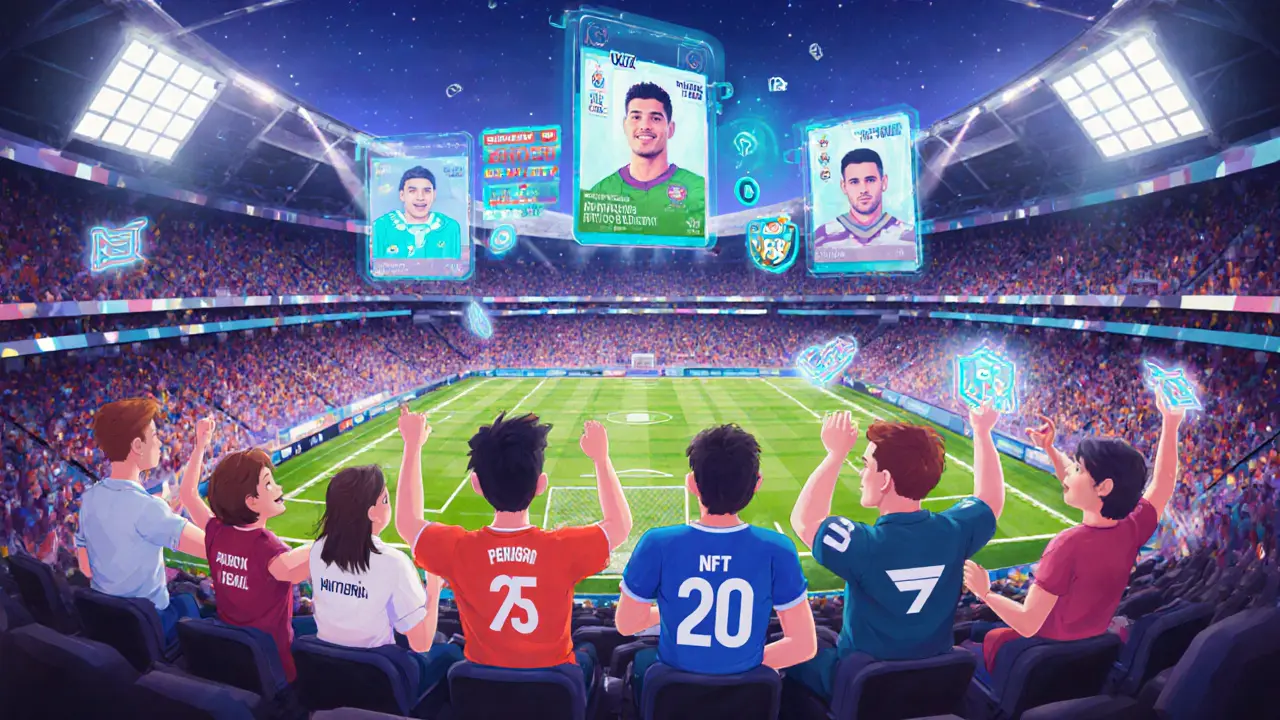 Фанаты в виртуальном стадионе болеют за команды, используя цифровые атрибуты и NFT-элементы.