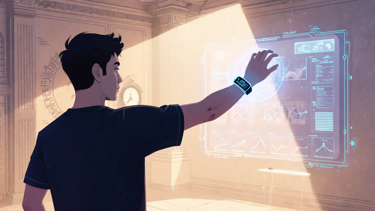 Игрок в футуристической тренировочной комнате с голографическим ИИ-тренером и биометрическим браслетом.