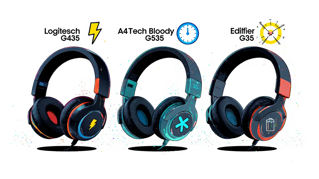 Три бюджетные игровые гарнитуры с метками: задержка, шумоподавление, автономность.