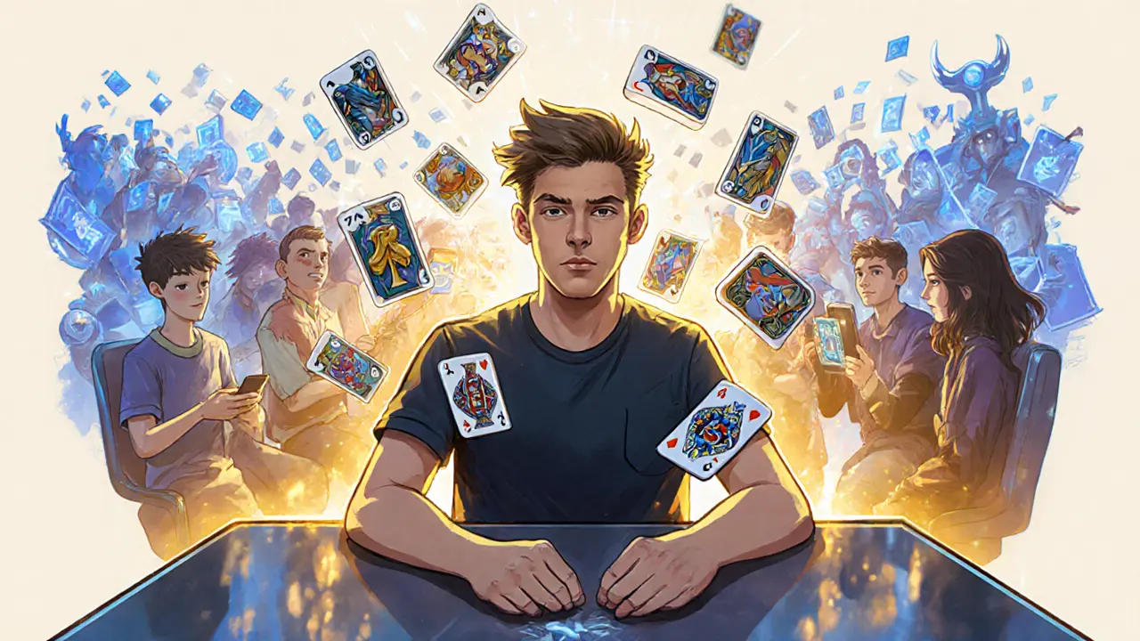 Бывший покерист в 32 года анализирует колоды Hearthstone, его опыт визуализирован как золотые карточные паттерны.