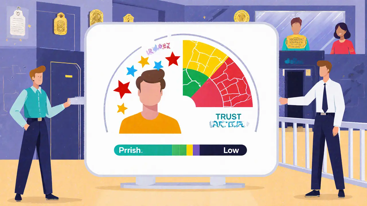 Цифровой профиль игрока: одна сторона полна звёзд похвал, другая — обрушена под тяжестью низкого trust factor.