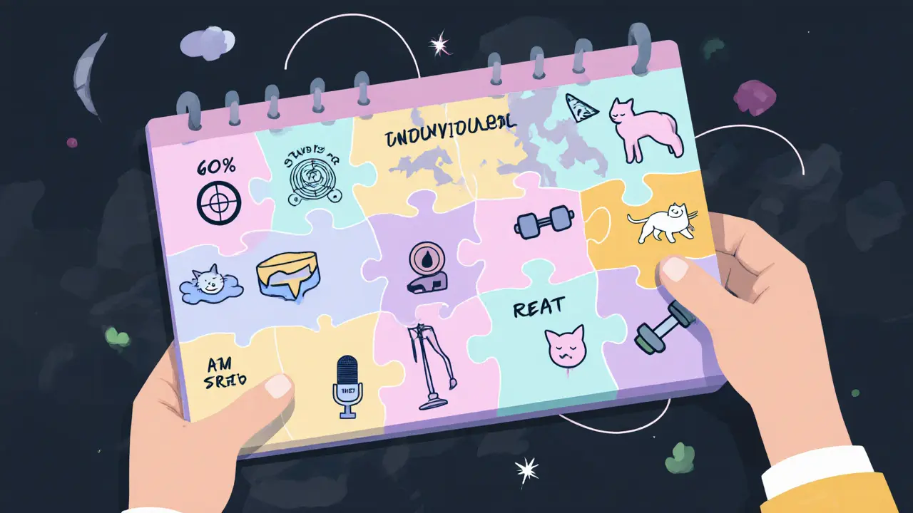 Цветная недельная таблица тренировок как пазл с долями индивидуальной и командной практики.