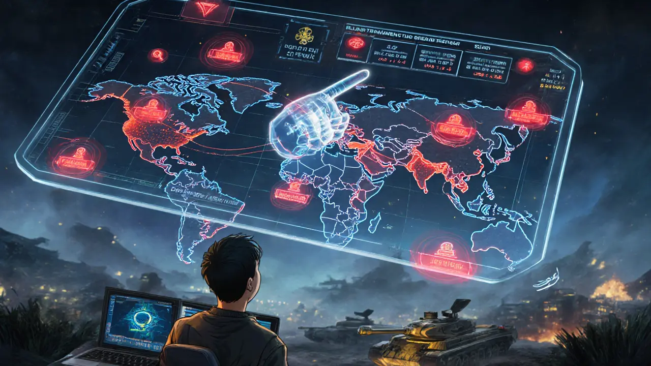 Голографическая система AI-арбитража отслеживает читеров, игрок из Сибири смотрит на экран.