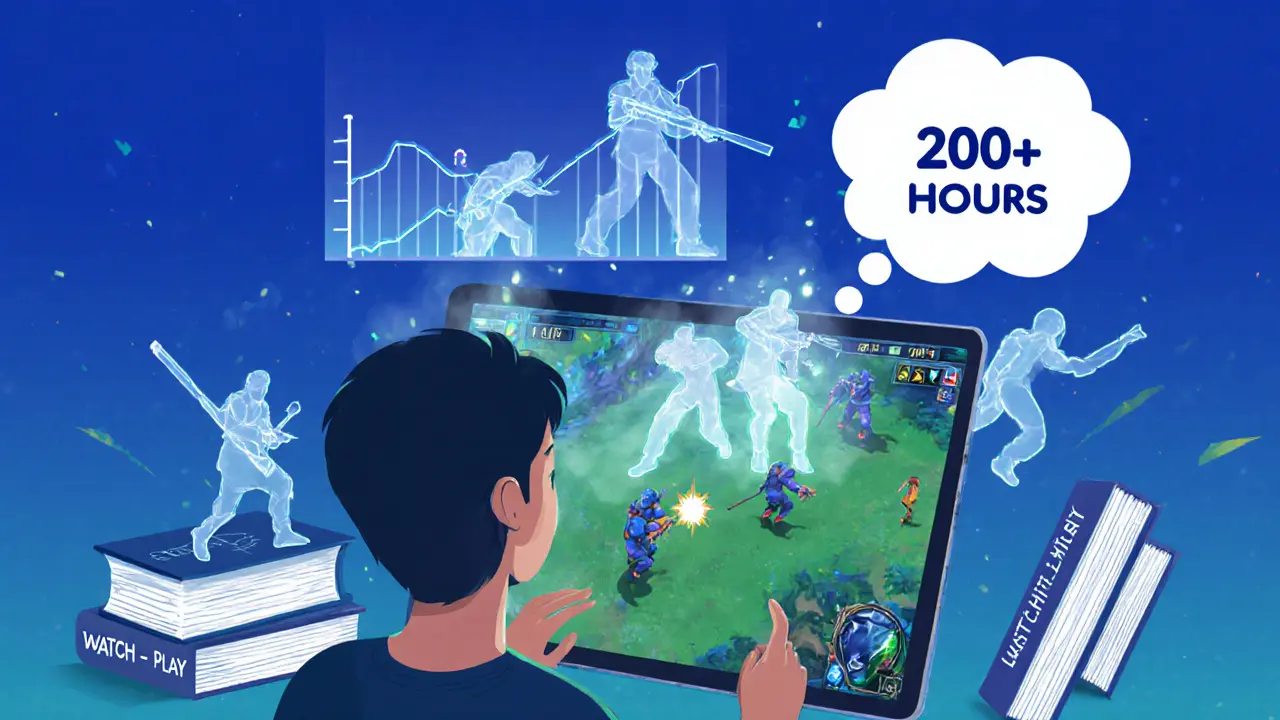 Игрок смотрит стрим профессионала, над головой — визуализация прогресса через 200 часов игры.