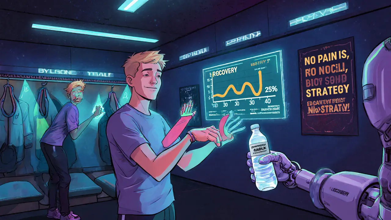 Игроки в раздевалке делают зарядку и смотрят аналитику на голографических экранах.