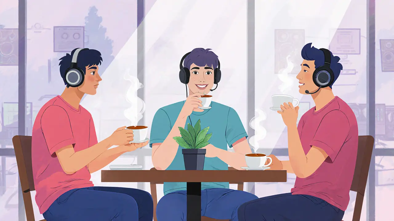 Киберспортсмены в кафе без гаджетов, пьют чай, неуверенно общаются — начало возвращения к реальному общению.