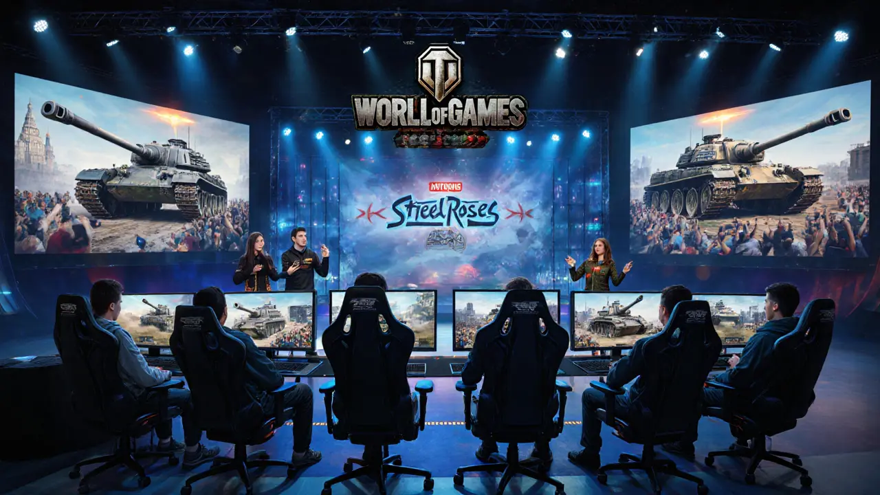 Киберспортсмены в тёмном зале с мониторами, на экранах — бои в World of Tanks, логотип Lesta Games.