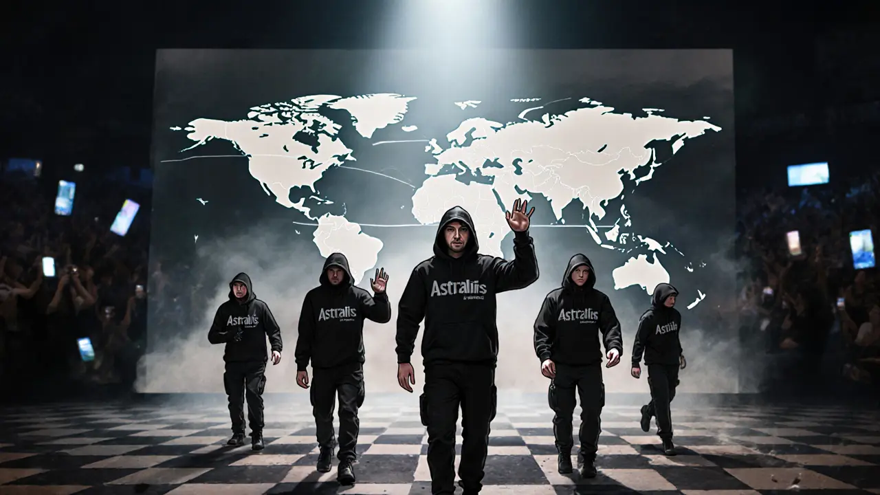 Команда Astralis в идеальной тактической синхронизации на карте Dust II, световые линии движений.
