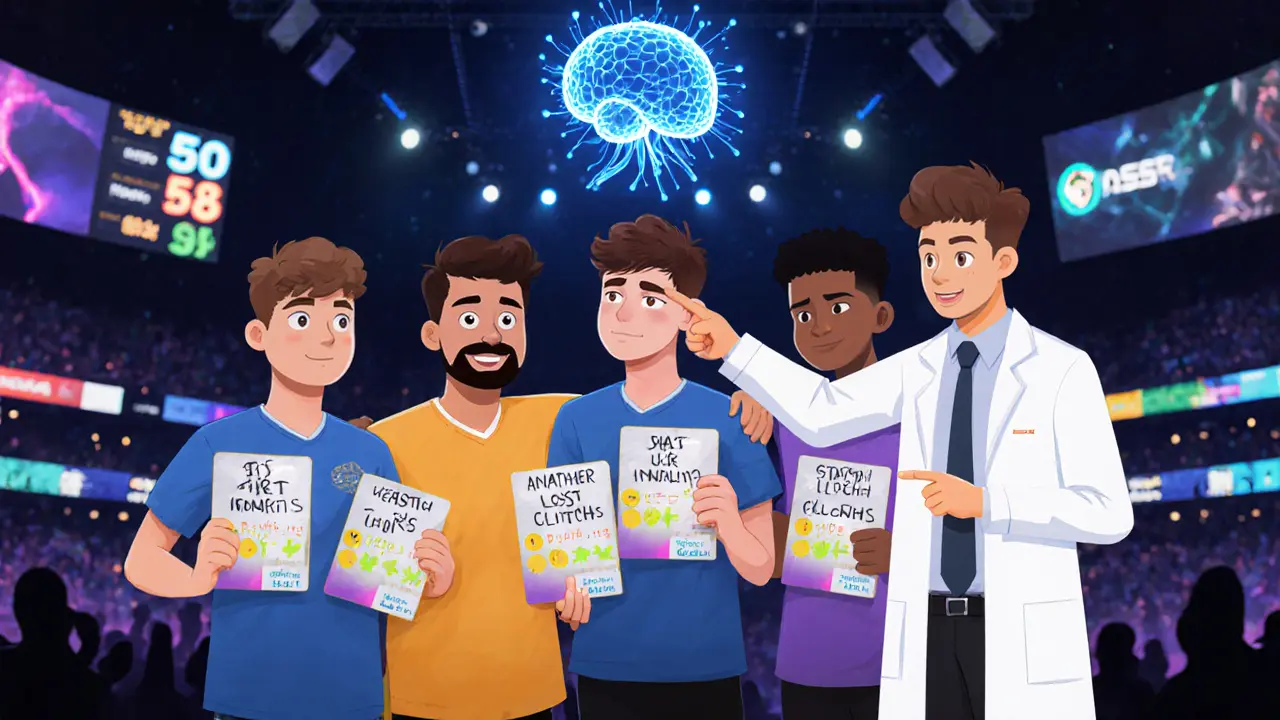 Команда киберспортсменов с персональными карточками триггеров тильта и психологом, показывающим снижение стресса.