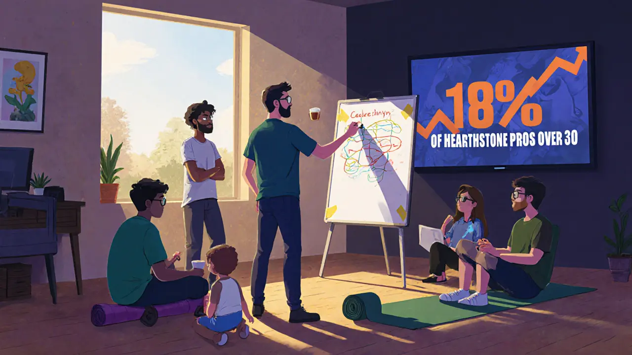 Команда ветеранов киберспорта в возрасте 28–35 лет обсуждает стратегию на белой доске в уютной комнате.