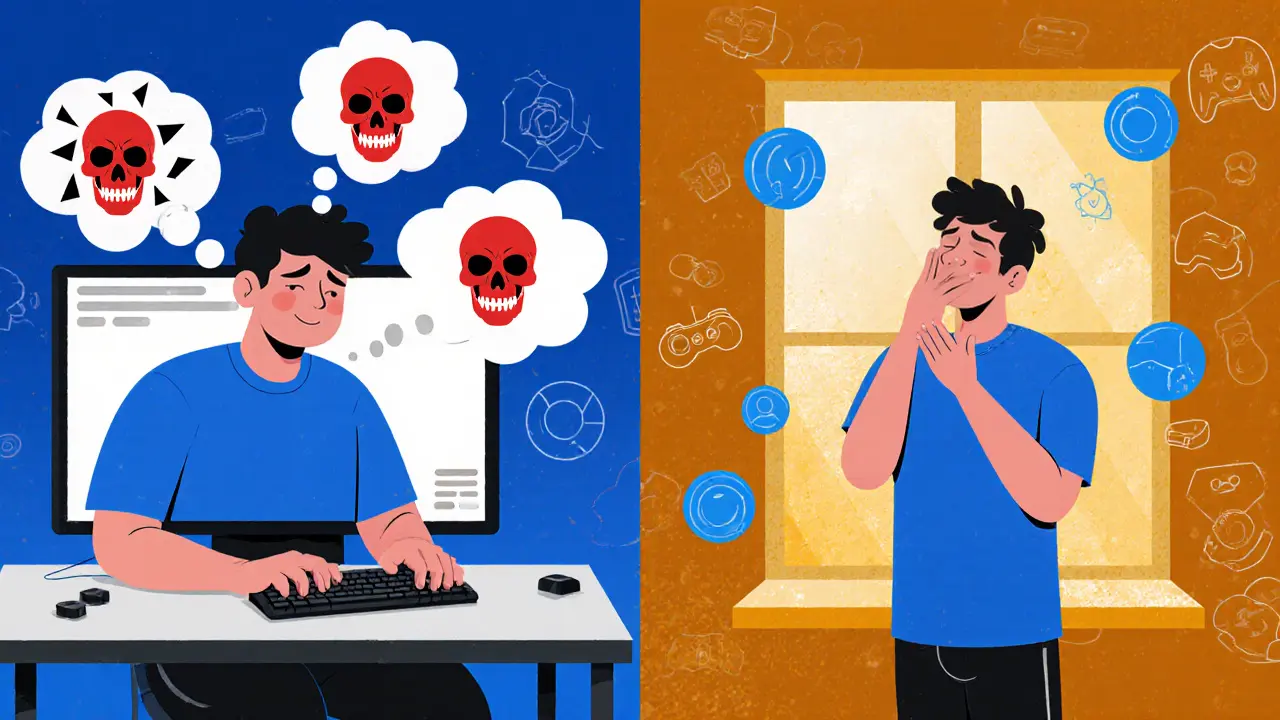 Разделённая сцена: игрок в ярости слева и тот же игрок в спокойствии справа с дыханием и светом.