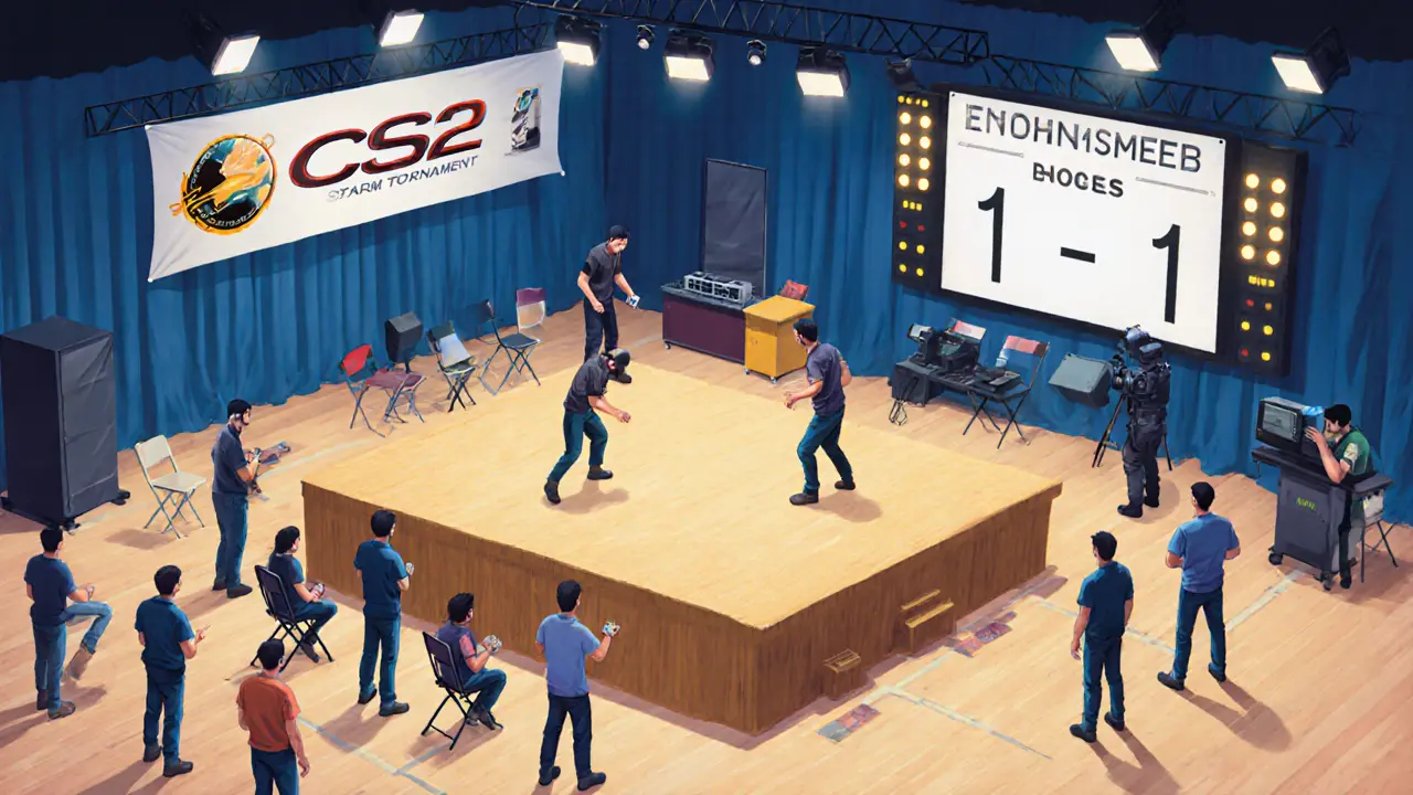 Региональный киберспортивный турнир: две команды соревнуются, зрители и техник на фоне.