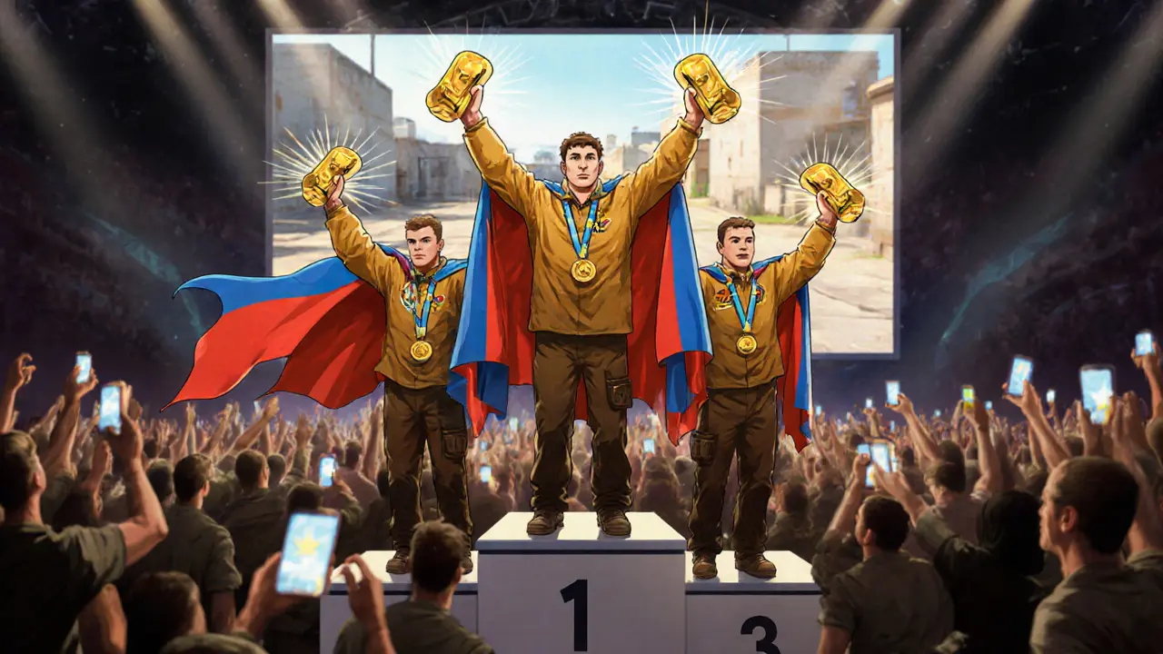 Российская команда M19 получает золото на WCG 2004 в Сан-Франциско, за спиной — флаг России и экран с картой de_nuke.