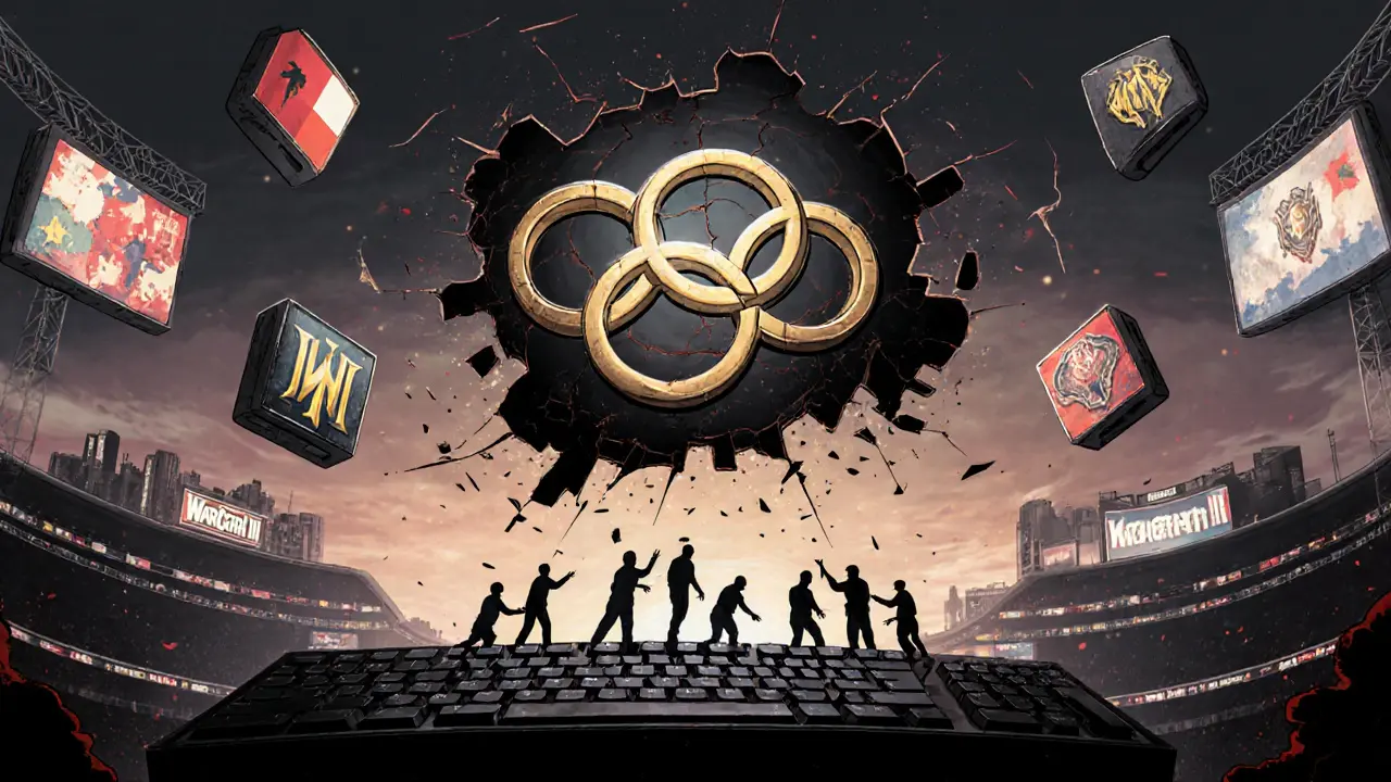 Символ WCG — четыре кольца — растворяется в памяти, вокруг — силуэты игроков и иконы старых игр.