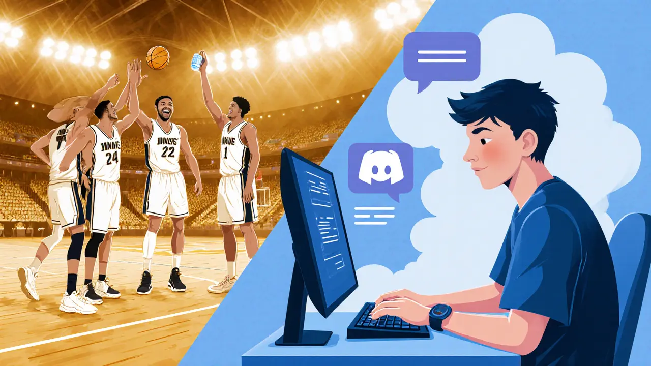 Сравнение: баскетболисты смеются после игры, киберспортсмен один за экраном — контраст реального и виртуального общения.