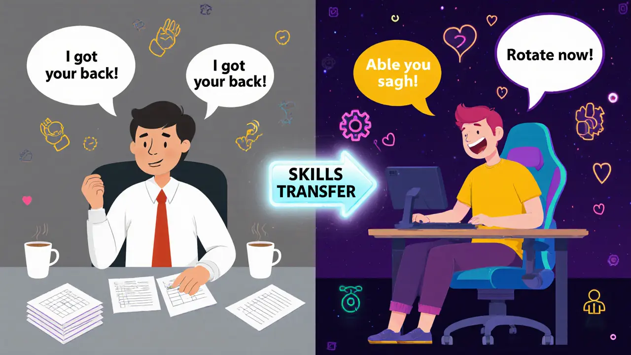 Сравнение офисной работы и игровой команды: один человек в двух сценах — стресс и радость через игры.