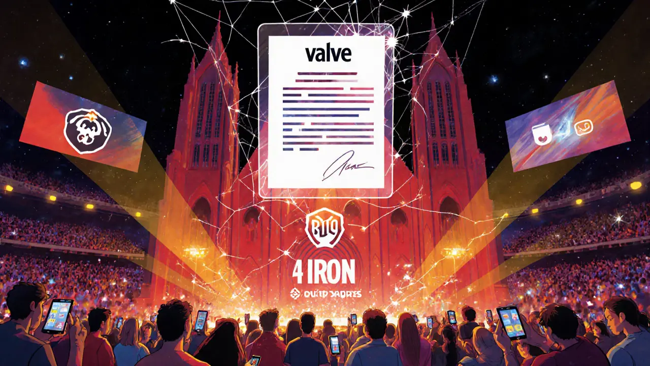 Стадион киберспорта под светом логотипов Valve и Riot, зрители смотрят на трансляции.